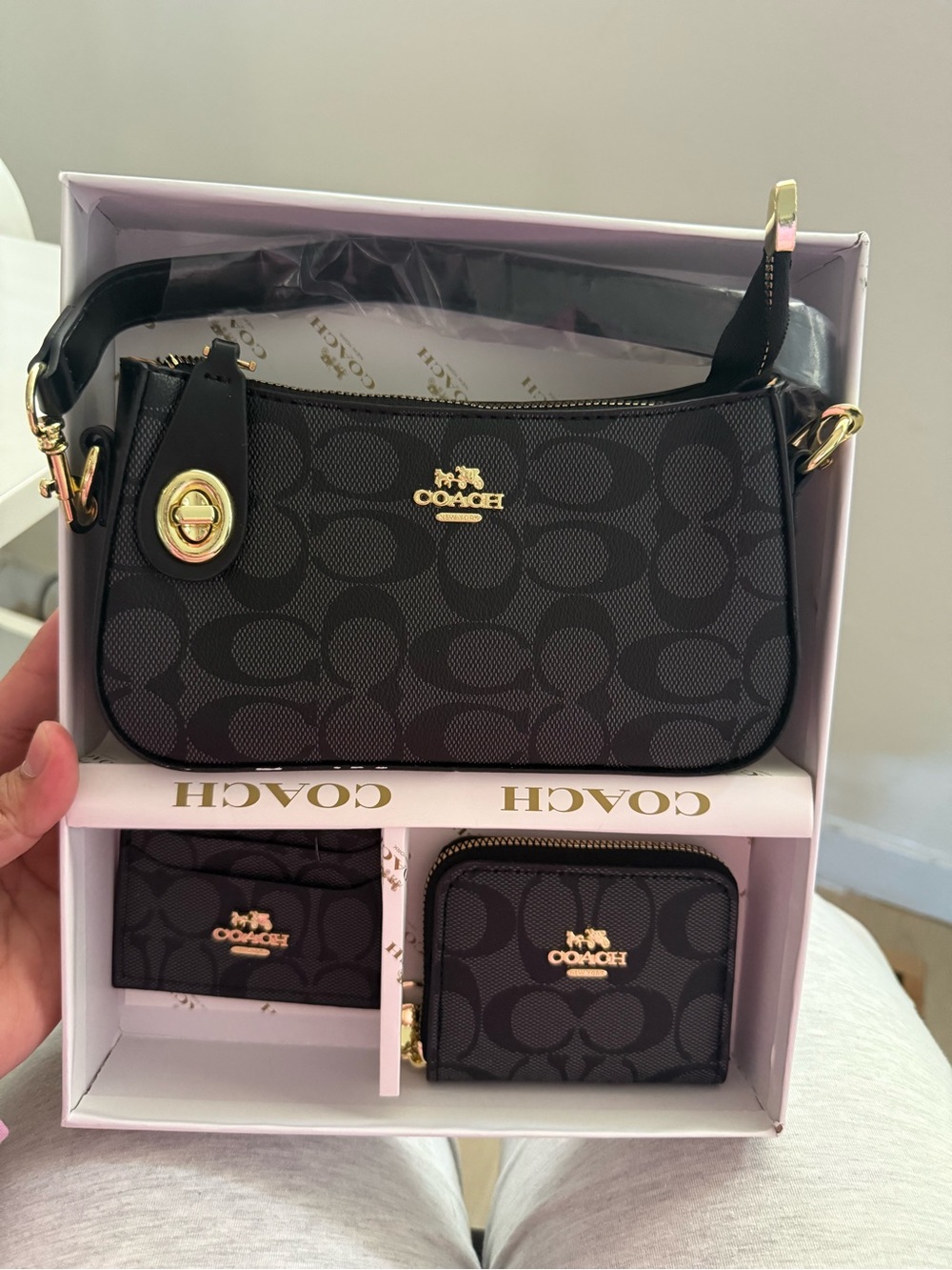 Coach Black Signature Canvas Mini Bag Set with Gold Hardware